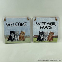 2 Zeppa Studios Cat Themed Terra Cotta Entry Way Signs: Welcome & Wipe Your Paws
