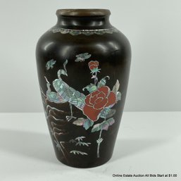 Antique Korean Lacquered Brass Vase With Phoenix Birds In Mother Of Pearl
