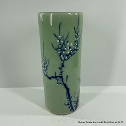 Japanese Cylindrical Vase With Blue & White Branches On Celadon Ground