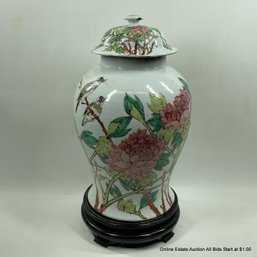 Large Chinese Famille Rose Covered Jar With Wood Stand Guanxu Period (LOCAL PICKUP OR UPS STORE SHIP ONLY)