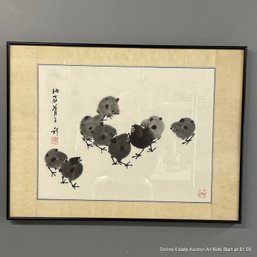 Chinese Sumi Ink Painting Of A Group Of Chicks-signed