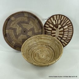 Two Woven Trays And A Coiled Wood Bowl