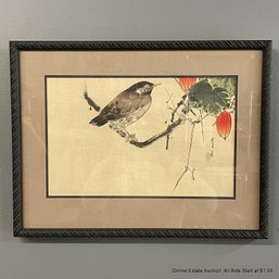 Watanabe Seitei Woodblock Print White-cheeked Starling And Gourds, Framed