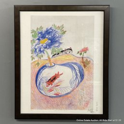 Jimmy Tsutomu Mirikani Framed Print Titled Cat With Blue Peony, From The Cat Who Chose To Dream