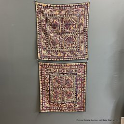 Pair Of Vintage Indian Embroidered Cloth Wall Hangings With Mirror Detail