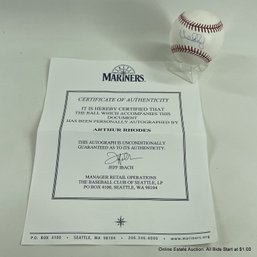 Arthur Rhodes Autographed Baseball With Seattle Mariners C.O.A.