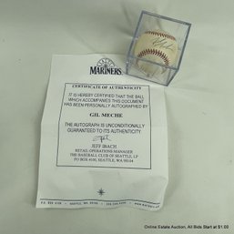 Gil Meche Autographed Baseball With Seattle Mariners C.O.A. In Display Box.