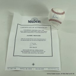 Jamie Moyer Autographed Baseball With Hologram And Seattle Mariners C.O.A.