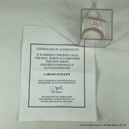 Carlos Guillen Autographed Baseball With Hologram & Seattle Mariners C.O.A. In Display Box