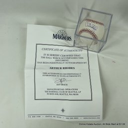 Arthur Rhodes Autographed Baseball With C.O.A. In Display Box