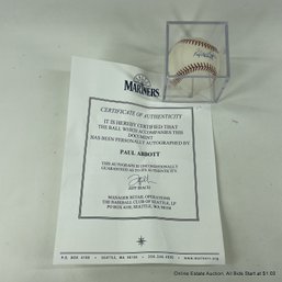 Paul Abbott Autographed Baseball With Seattle Mariners C.O.A. In Display Box