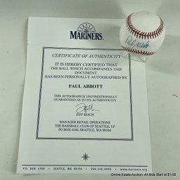 Paul Abbott Autographed Baseball With Seattle Mariners C.O.A.