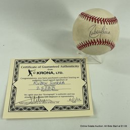 Ruben Sierra Autographed Baseball With Krona C.O.A.