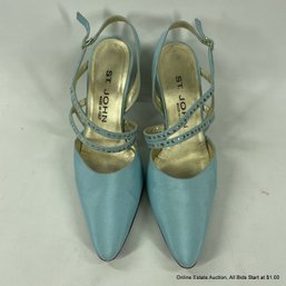 St. John Pale Blue Satin Heels With Gold-Tone Stud Detail, Size 7