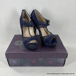 Enzo Angolini Suede And Sparkle Heels With Back Zipper, In Platinum BP Box, Size 7