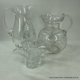 2 Etched Glass Pitchers & Basket (LOCAL PICKUP ONLY)