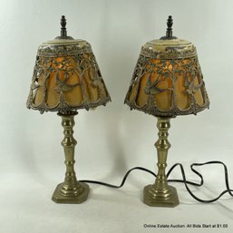 Pair Of Brass Table Lamps With Antique Cast Metal Shades With Swallow Design