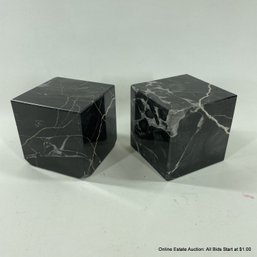 Pair Of Black Marble Cube Bookends