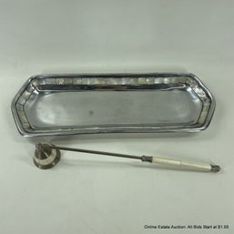 Silver Metal And Mother Of Pearl Tray And Silver Metal Candle Snuffer With Bone Inlay