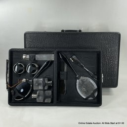 Unique Vintage Black Leather Travel Vanity Case With Glass Jars, Brush, Mirror And More