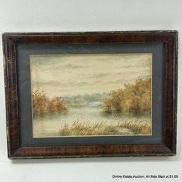 Small Framed Vintage Watercolor Of A River Scene