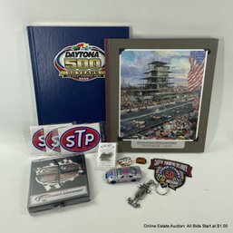 Lot Of NASCAR Memorabilia STP Stickers, Books, Patches, Matchbox Car, Pins, Keychain