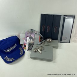 F1 Racing Memorabilia Metal Ear Plug Holder, Michelin Podium Hat, Access Pass, Lip Gloss, Keychain