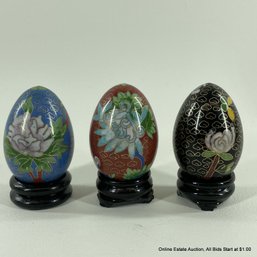 3 Cloisonne Eggs On Stands