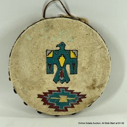 Hide Wrapped Wood Disk With Copper Bird Motif