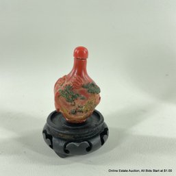 Vintage Cinnabar Style Carved Snuff Bottle On Stand