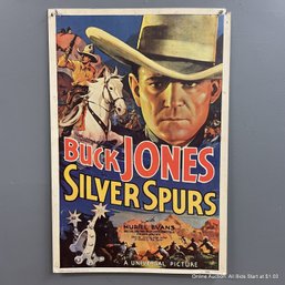 Vintage Silver Spurs With Buck Jones Lithograph Movie Poster Board