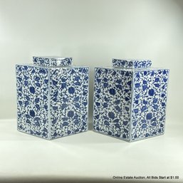 Pair Of Blue & White Floral Design Lidded Porcelain Jars