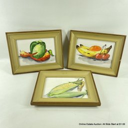 Signed Trio Of Watercolor Fruits And Vegetables Framed Art By Lois Mae Thayer