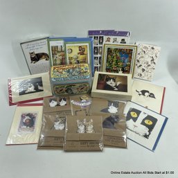 Cat Themed Note And Greeting Cards And Stickers As Photographed, And An Empty Purrfect Chocolates Tin