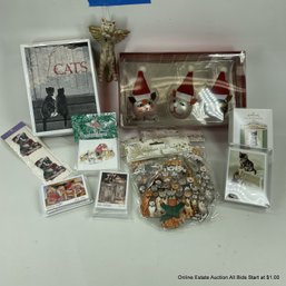 Assortment Of Cat Themed Christmas Ornaments, Notecards, And Gift Tags