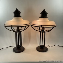 Pair Of Franklin Iron Works Glass And Metal Industrial Table Lamps (LOCAL PICKUP ONLY)