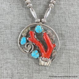 Navajo Necklace Signed BL Silver, Coral & Turquoise Pendant On Silver Bead Chain  46 Grams