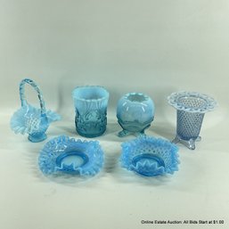 6 Vintage Meander Blue Opalescent Glass Dishes