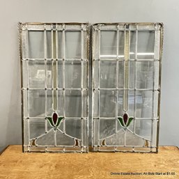 Pair Of Matching Stained & Leaded Glass Panels With Hanging Chains 18' X 34.5'