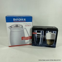 BonJour Maurice Porcelain French Press Coffee Maker And Bodum Pavina Double Walled Glass, In Original Boxes