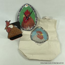 R.A. Krutch Chicken Clock And Canvas Bag, And A Cynthia Dice Ceramics Chicken Bookend