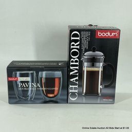 Bodum French Press Coffee Maker And Two Pavina Double Wall Thermo-Glasses, New In Boxes