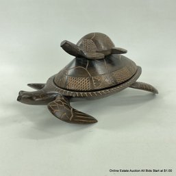 Carved Wooden Sea Turtles Lidded Vessel