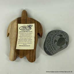 Hand Carved Hawaiian Wooden Turtle Dish And Signed Rock Carved With Hawaiian Turtle Design