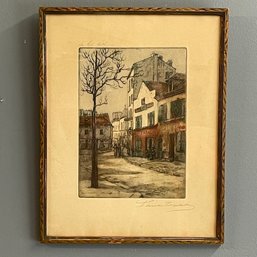 Vintage Hand Tinted Etching European Village Scene Pencil Signed