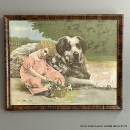 Antique Framed Print Of A Small Girl With A Large Dog