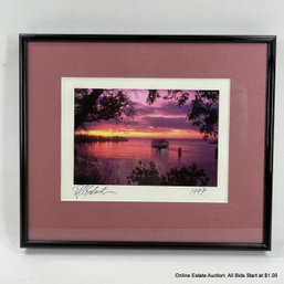 Framed Photo Ferry At Sunset Signed, 1997