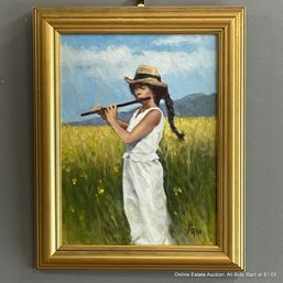 Olaf Palm Original Oil Painting Girl Playing Flute In Gold Frame