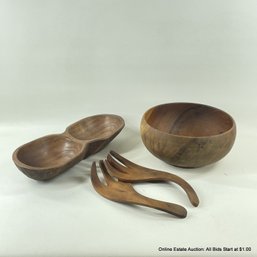 Myrtle Wood Salad Bowl Servers And Nut Dish