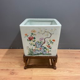 Vintage Chinese Porcelain Famille Jardinire Planter On Wood Stand